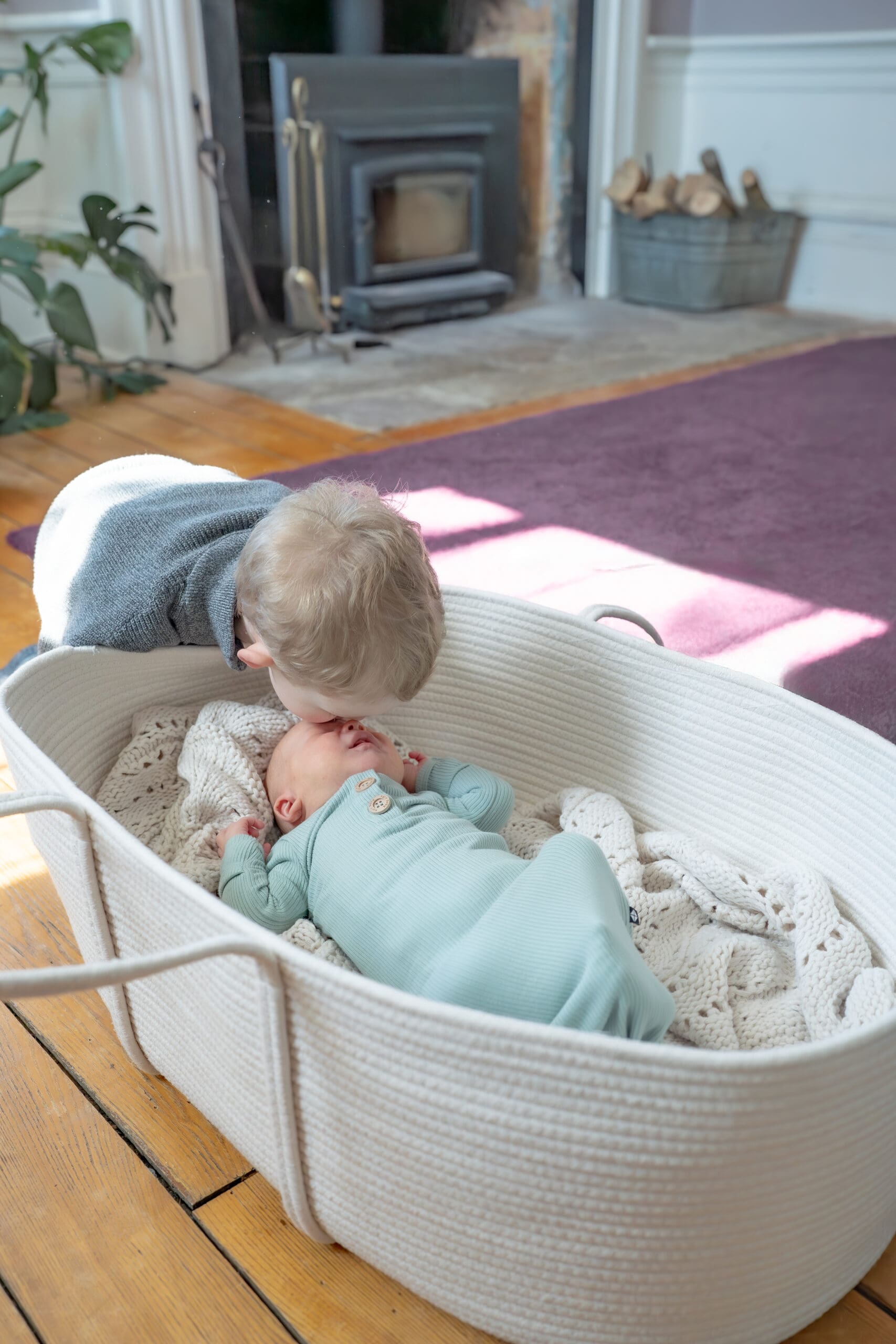 Lifestyle newborn session with toddler kissing baby in basket — captured by Alliston and Barrie maternity, newborn, and family photographer.